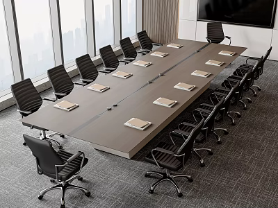 Modern Conference Table With Black Office Chairs Notebooks Large Windows City View And Screen 3d model