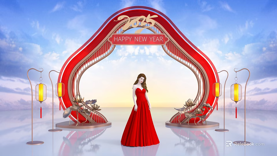 2025 Happy New Year Event Archway With Red Dress Woman Lanterns And Lotus Decor 3d model 