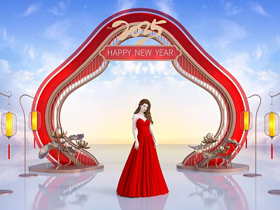 2025 Happy New Year Event Archway With Red Dress Woman Lanterns And Lotus Decor 3d model