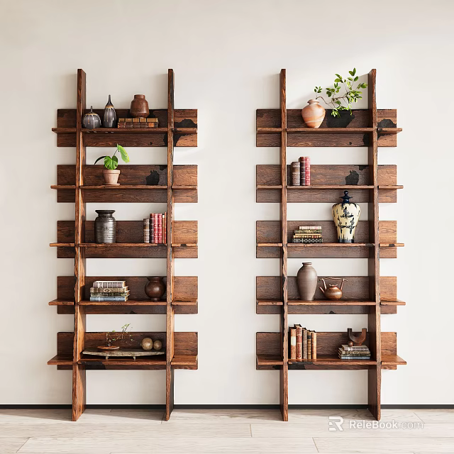 Wooden Open Shelves Displaying Decorative Vases Books and Potted Plants in Home Interior 3d model 
