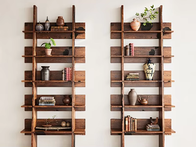 Wooden Open Shelves Displaying Decorative Vases Books and Potted Plants in Home Interior 3d model