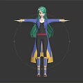 3D Model Fantasy Character With Green Long Hair Blue And Yellow Robe Arms Outstretched