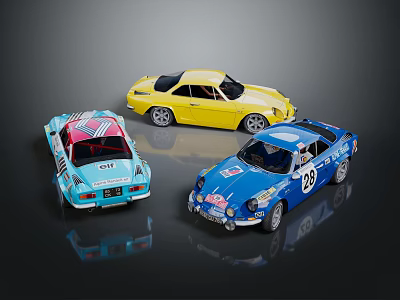 Three Colorful Model Race Cars With Number Decals And Striped Designs 3d model
