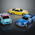 Three Colorful Model Race Cars With Number Decals And Striped Designs
