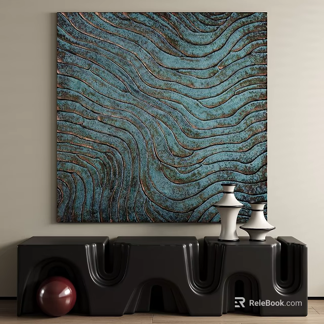 Teal Abstract Painting with Wavy Textures on Black Console with White Vases 3d model 