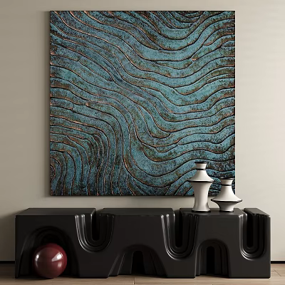 Teal Abstract Painting with Wavy Textures on Black Console with White Vases 3d model