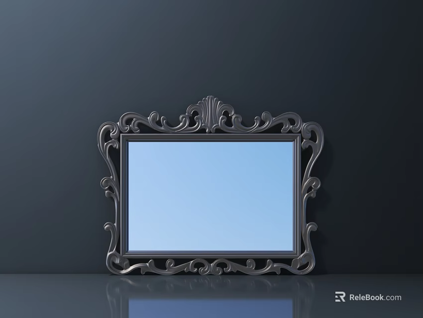 Intricate Carved Frame Mirror With Blue Glass And Reflective Surface On Dark Background 3d model 