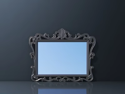 Intricate Carved Frame Mirror With Blue Glass And Reflective Surface On Dark Background 3d model