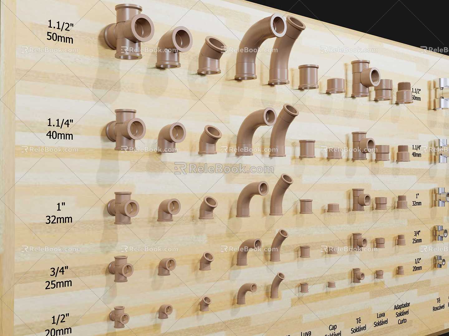 Hardware display board water supply and drainage parts display board three-way four-way elbow valve live connection core pipe hoop model