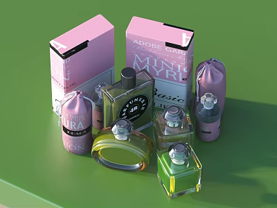 Assorted Perfume and Cosmetic Products with Various Bottles and Packaging Boxes on Green Surface 3d model