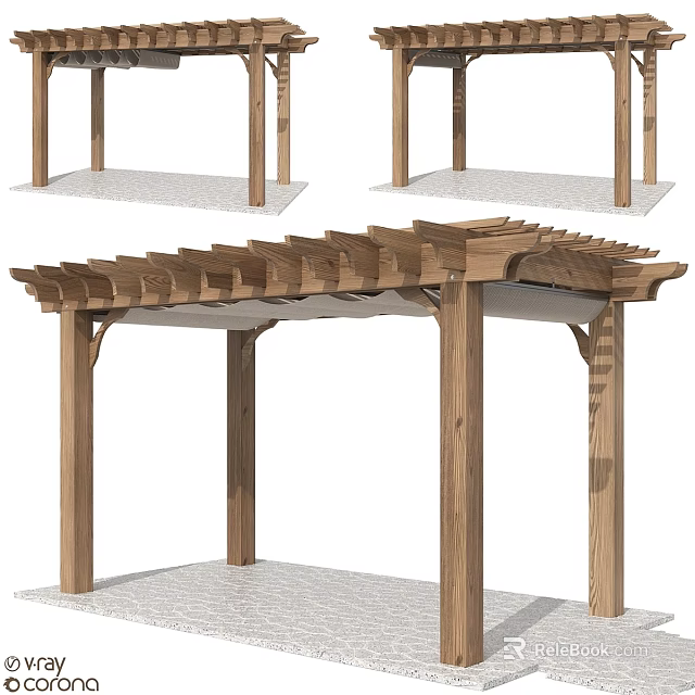 Elegant Wooden Garden Pergola Structure With Natural Wood Posts And Lattice Roof Design 3d model 