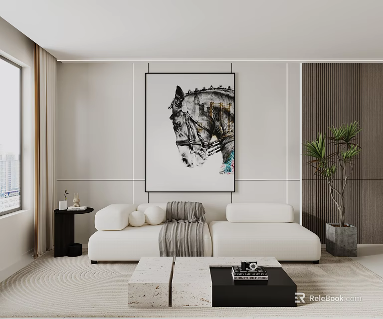 White Sectional Sofa in Modern Living Room with Abstract Painting Black Coffee Table and Plant 3d model 
