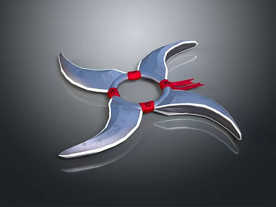 Shuriken Weapon With Sharp Metal Blades And Red Tassel Decorative Design 3d model