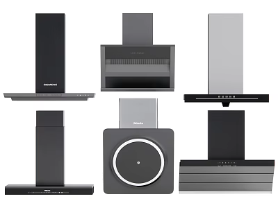 Modern Kitchen Appliances Featuring Various Range Hood Designs In Sleek Black Gray Finishes 3d model