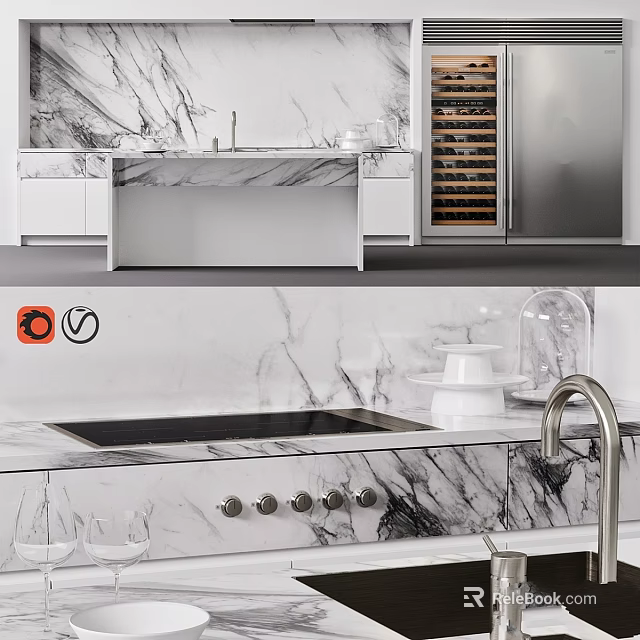 Elegant Modern Kitchen Interior With Marble Countertop Wine Rack And White Cabinets 3d model 