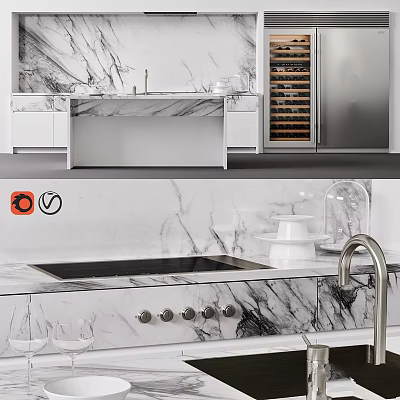Elegant Modern Kitchen Interior With Marble Countertop Wine Rack And White Cabinets 3d model