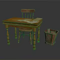 Wooden Desk And Chair With Papers On Top And Woven Trash Bin In Study Area