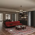 Bright Living Dining Room With Dark Bookshelves Red Sofa Large Windows White Curtains And Greenery