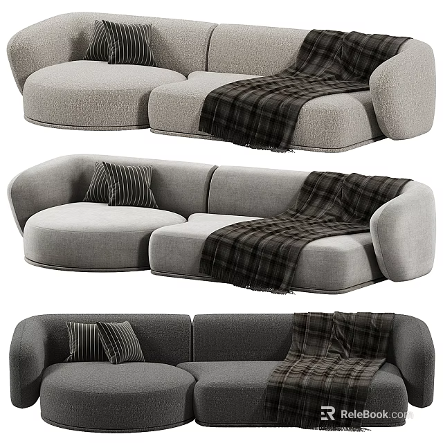 Comfortable Soft Sectional Sofa With Plaid Blanket And Striped Pillows 3d model
