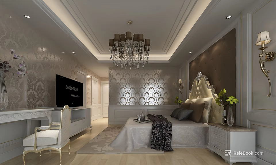 Elegant Hotel Guest Room Interior Design With Chandelier Decorative Wall And Comfortable Bed 3d model 