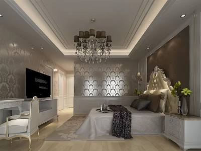 Elegant Hotel Guest Room Interior Design With Chandelier Decorative Wall And Comfortable Bed 3d model