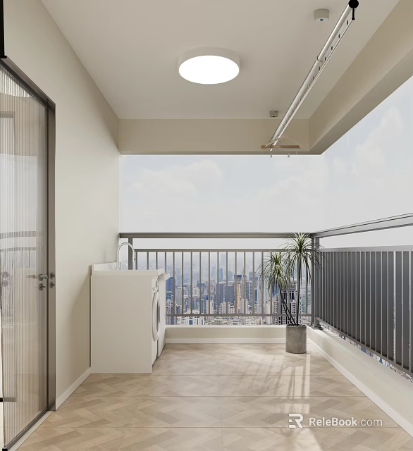 Bright Home Balcony Interior With Wooden Floor Potted Plant Laundry Cabinet And City Skyline View 3d model 