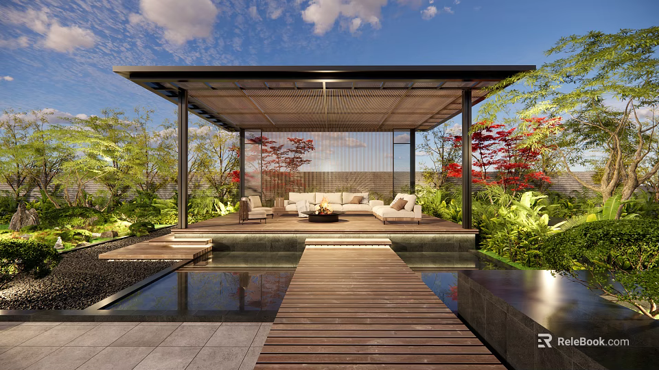 Tranquil Courtyard Garden Featuring Covered Pavilion Wooden Walkway Water Pond and Lush Greenery Seating 3d model 