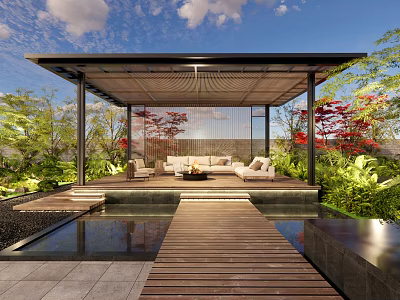 Tranquil Courtyard Garden Featuring Covered Pavilion Wooden Walkway Water Pond and Lush Greenery Seating 3d model