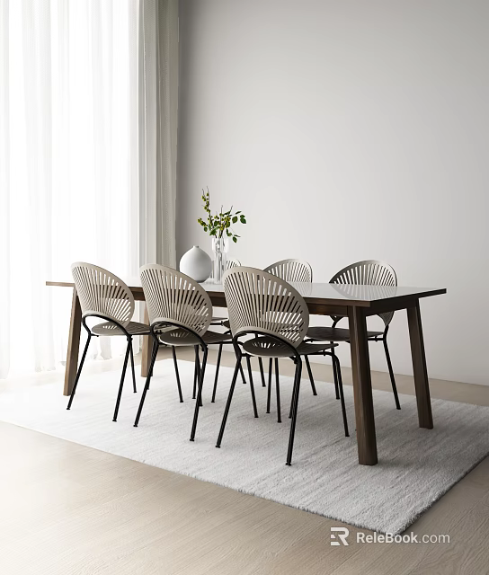 Dining Table Set With Wooden Top Six Woven Chairs White Vase Greenery In Modern Room 3d model 