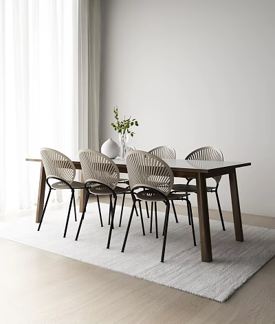 Dining Table Set With Wooden Top Six Woven Chairs White Vase Greenery In Modern Room 3d model