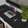 Stylish Decorative Ornament Combination on Office Desk with Laptop Phone Glasses Wireless Earbuds and Plant