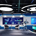 Modern News Studio Interior With Multiple Screens Data Charts Anchor Desk And Cameras