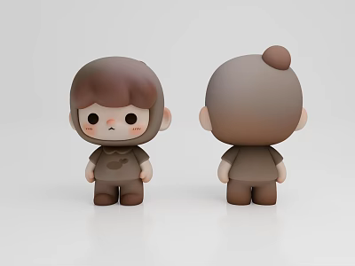 Adorable Cute Brown Soft Doll with Simple Outfit Front and Back View 3d model