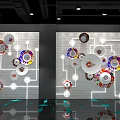 Artistic Wall Display With Colorful Patterned Plates White Circular Decorations Lines And Blue Floor Reflections