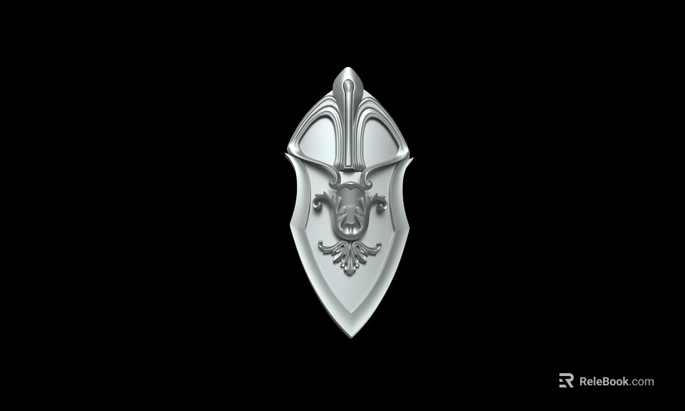 Medieval Ornate Shield Weapon with Silver Metal Decorative Carvings and Lion Head Design 3d model 