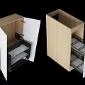 Modern Wooden Storage Cabinet Design With White Doors And Metal Shelves