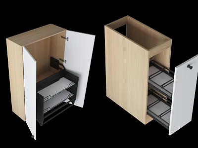 Modern Wooden Storage Cabinet Design With White Doors And Metal Shelves 3d model