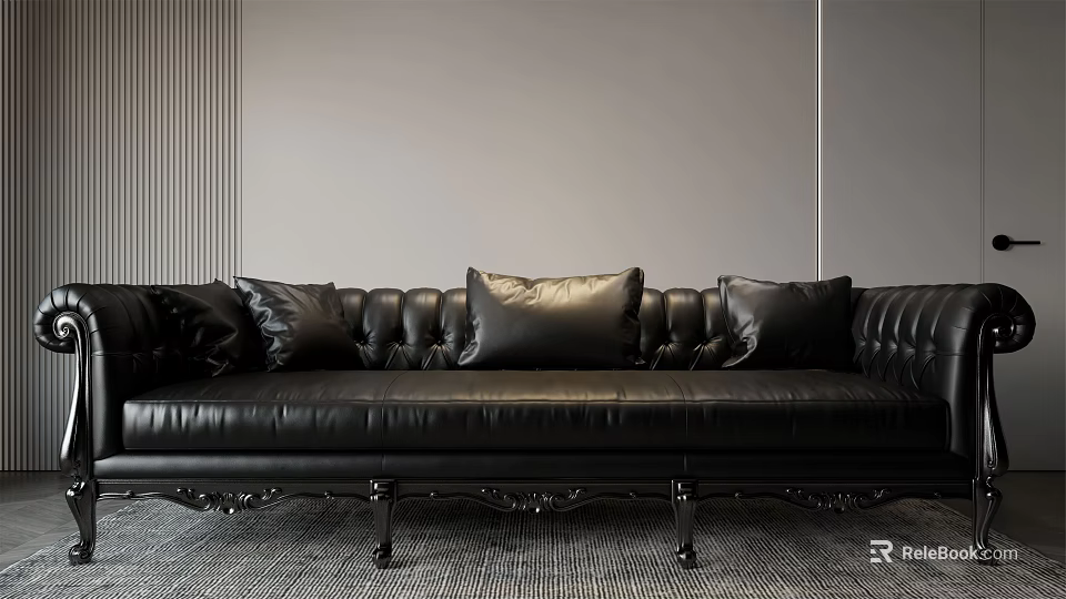 Luxury Black Leather Multi Person Sofa With Tufted Back Carved Legs And Decorative Pillows 3d model 