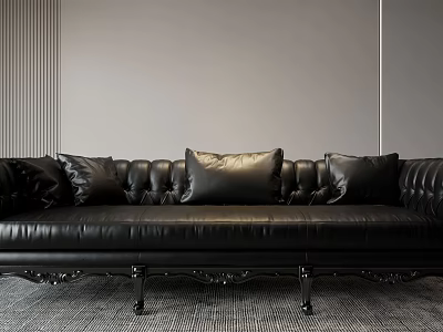 Luxury Black Leather Multi Person Sofa With Tufted Back Carved Legs And Decorative Pillows 3d model