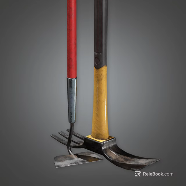Agricultural Equipment Fork And Hoe With Red Yellow Handles For Farming Work 3d model 