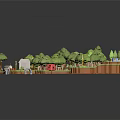 Enchanting Cartoon Scene with Green Trees Winding Paths Red Mushrooms Small House Boat Archway