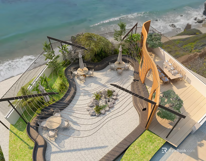 Seaside Rooftop Garden with Curved Wooden Structure Green Plants and Ocean View 3d model 