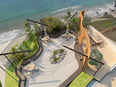Seaside Rooftop Garden with Curved Wooden Structure Green Plants and Ocean View 3d model