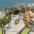 Seaside Rooftop Garden with Curved Wooden Structure Green Plants and Ocean View