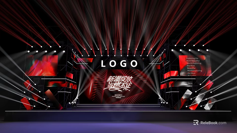 Modern Stage Design With Red Black Lighting LED Screens And Logo 3d model 