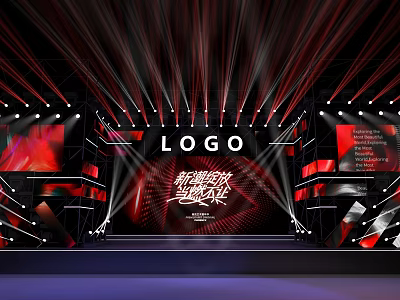 Modern Stage Design With Red Black Lighting LED Screens And Logo 3d model