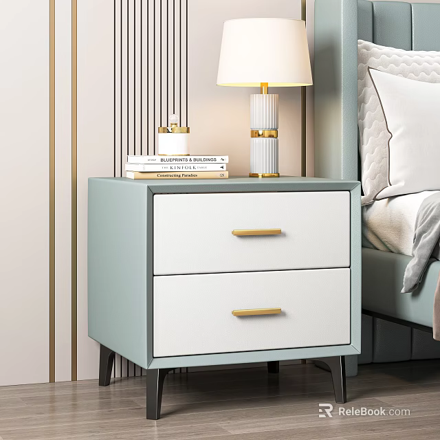Light Blue Bedside Table With Two Drawers Gold Handles Table Lamp On Striped Wall Bedroom 3d model 