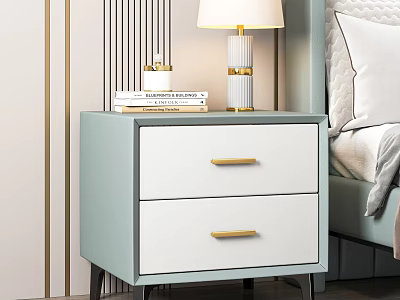 Light Blue Bedside Table With Two Drawers Gold Handles Table Lamp On Striped Wall Bedroom 3d model