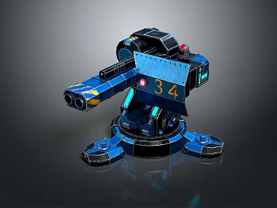 Blue Mechanical Turret With Cannon And Number 34 On Black Base 3d model Blue Mechanical Turret With Cannon And Number 34 On Black Base 3d model