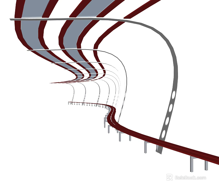 Modern Garden Landscape With Curved Pathway Red White Striped Structures And Supporting Pillars 3d model 